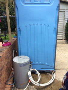 Portable shower with hot water.